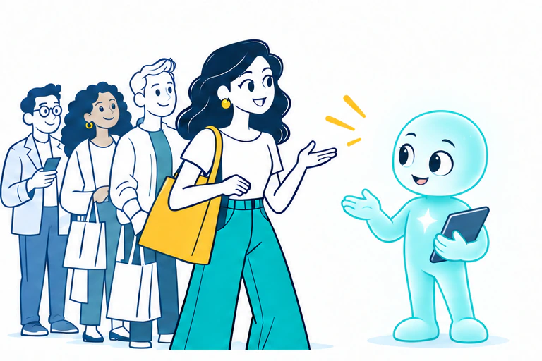 Adult shoppers wait while one shopper talks with a friendly, luminous AI shopping agent